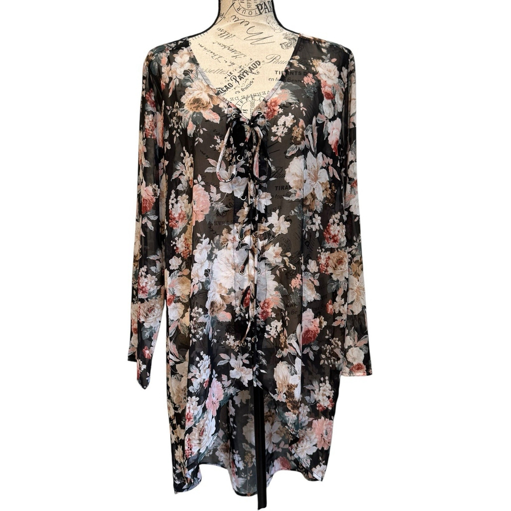 Mystree Floral Sheer High Low Boho Blouse Swim Coverup Size Medium
